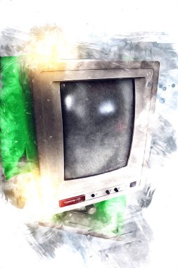 Eski bilgisayar sanatı illüstrasyonu, retro vintage makine, boya, çizim