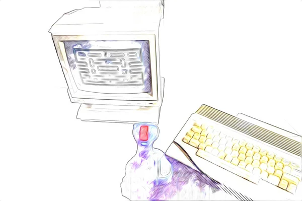 Old computer art illustration, retro vintage machine, paint, sketch