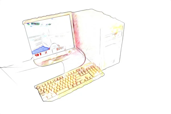 Old computer art illustration, retro vintage machine, paint, sketch