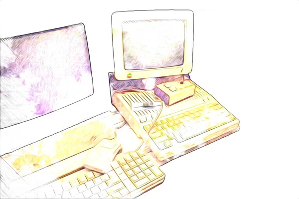 Old Computer Art Illustration Retro Vintage Machine Paint Sketch — Stock Photo, Image