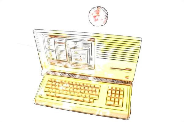 Oude Computer Illustratie Retro Vintage Machine Verf Schets — Stockfoto