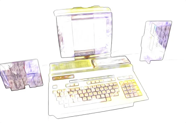 Old computer art illustration, retro vintage machine, paint, sketch