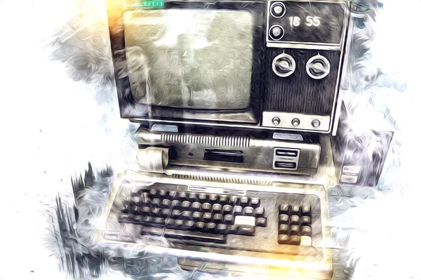 Oude Computer Illustratie Retro Vintage Machine Verf Schets — Stockfoto