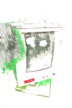 Eski bilgisayar sanatı illüstrasyonu, retro vintage makine, boya, çizim