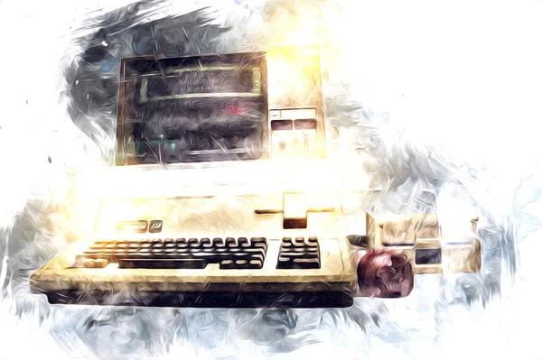 Old Computer Art Illustration Retro Vintage Machine Paint Sketch — Stock Photo, Image