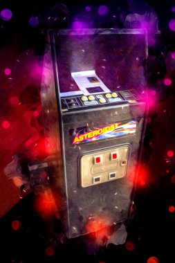 Soyut tasarımı, çizimi ve boyası olan renkli retro oyun makinesi