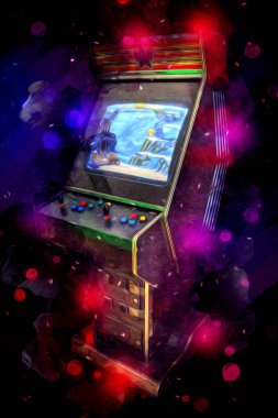 Soyut tasarımı, çizimi ve boyası olan renkli retro oyun makinesi