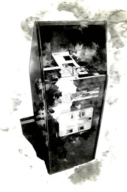 Soyut tasarımı, çizimi ve boyası olan renkli retro oyun makinesi