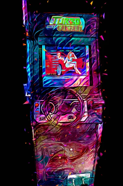 Colorful retro arcade game machine with abstract design, illustration, paint