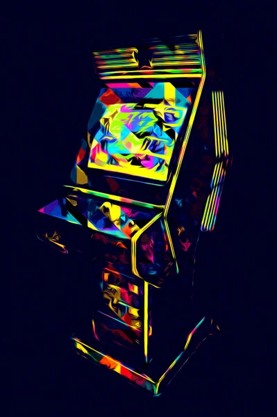 Colorful retro arcade game machine with abstract design, illustration, paint