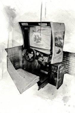 Soyut tasarımı, çizimi ve boyası olan renkli retro oyun makinesi