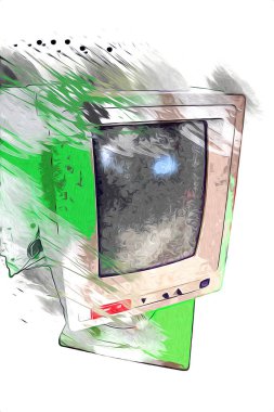 Eski bilgisayar sanatı illüstrasyonu, retro vintage makine, boya, çizim