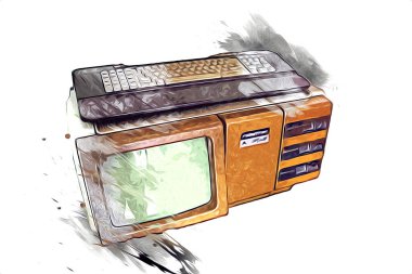 Eski bilgisayar sanatı illüstrasyonu, retro vintage makine, boya, çizim