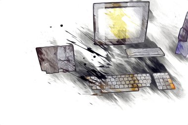 Eski bilgisayar sanatı illüstrasyonu, retro vintage makine, boya, çizim