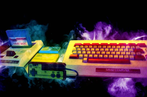 Retro computer gaming controllers on a bright white background, illustration
