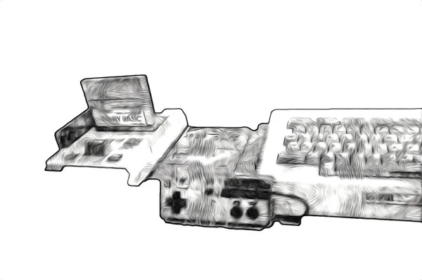 Retro computer gaming controllers on a bright white background, illustration