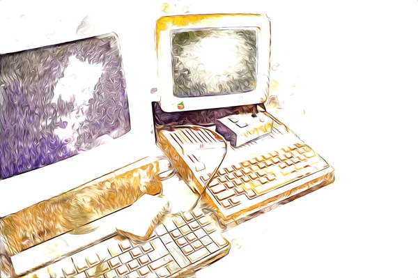 Old computer art illustration, retro vintage machine, paint, sketch