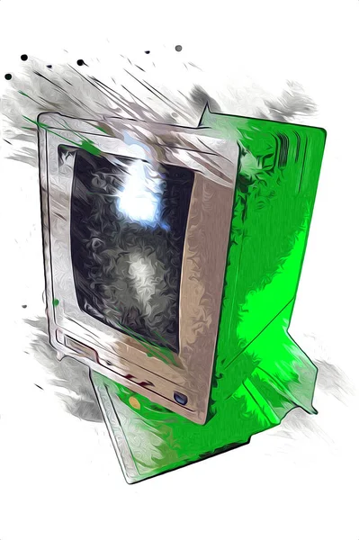 Eski bilgisayar sanatı illüstrasyonu, retro vintage makine, boya, çizim