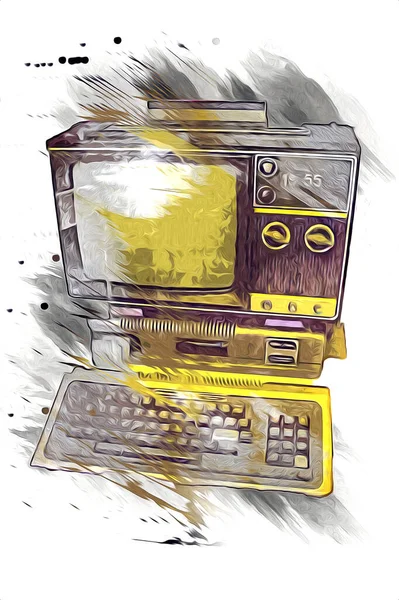 Vecchio Computer Art Illustrazione Retrò Vintage Macchina Vernice Schizzo — Foto Stock