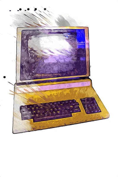 Old computer art illustration, retro vintage machine, paint, sketch