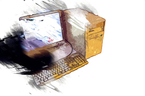 Old computer art illustration, retro vintage machine, paint, sketch