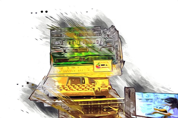 Old computer art illustration, retro vintage machine, paint, sketch