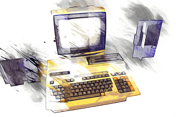 Old computer art illustration, retro vintage machine, paint, sketch