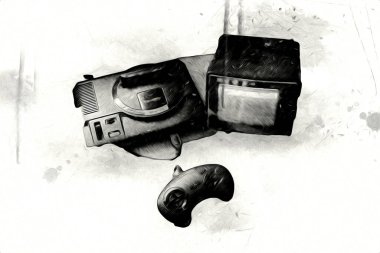 Parlak beyaz arkaplandaki geçmişe dönük bilgisayar oyun denetleyicileri, illüstrasyon