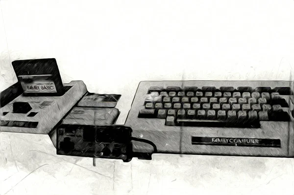 Retro computer gaming controllers on a bright white background, illustration