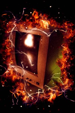 Eski bilgisayar sanatı illüstrasyonu, retro vintage makine, boya, çizim