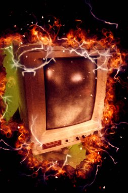 Eski bilgisayar sanatı illüstrasyonu, retro vintage makine, boya, çizim