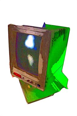 Eski bilgisayar sanatı illüstrasyonu, retro vintage makine, boya, çizim