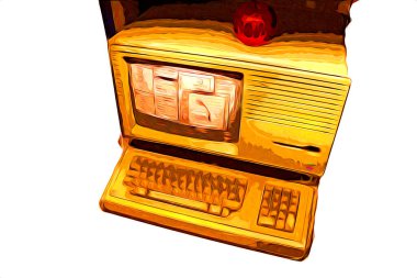 Eski bilgisayar sanatı illüstrasyonu, retro vintage makine, boya, çizim