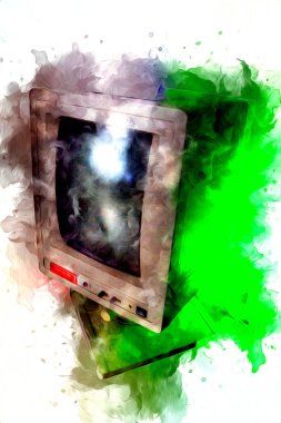 Eski bilgisayar sanatı illüstrasyonu, retro vintage makine, boya, çizim