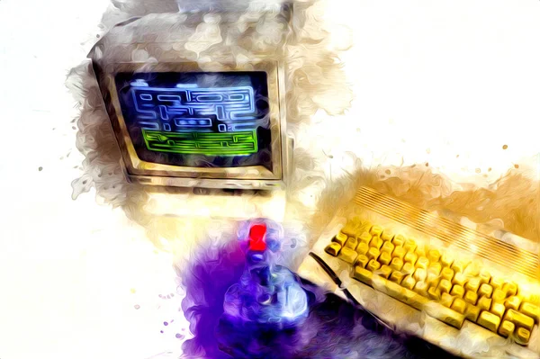 Old computer art illustration, retro vintage machine, paint, sketch