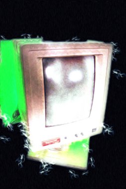 Eski bilgisayar sanatı illüstrasyonu, retro vintage makine, boya, çizim