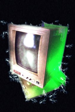 Eski bilgisayar sanatı illüstrasyonu, retro vintage makine, boya, çizim