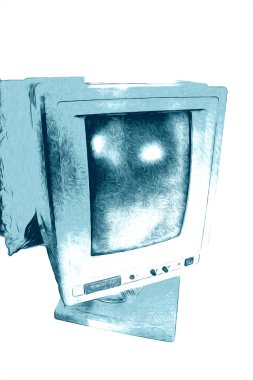 Eski bilgisayar sanatı illüstrasyonu, retro vintage makine, boya, çizim