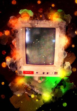 Eski bilgisayar sanatı illüstrasyonu, retro vintage makine, boya, çizim