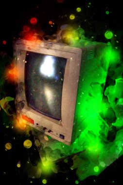 Eski bilgisayar sanatı illüstrasyonu, retro vintage makine, boya, çizim