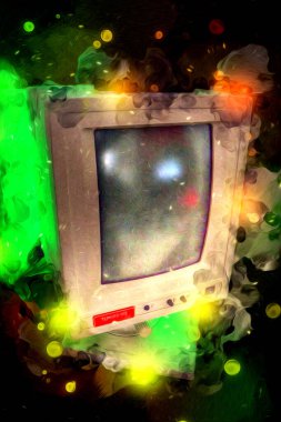 Eski bilgisayar sanatı illüstrasyonu, retro vintage makine, boya, çizim