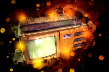 Eski bilgisayar sanatı illüstrasyonu, retro vintage makine, boya, çizim