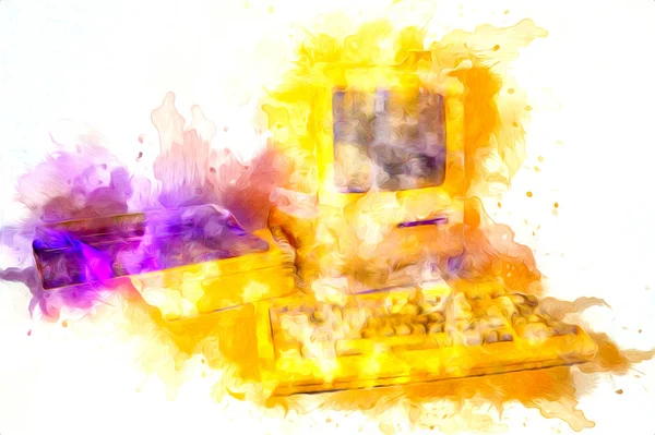 Old computer art illustration, retro vintage machine, paint, sketch