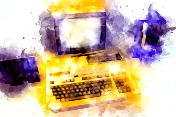 Old computer art illustration, retro vintage machine, paint, sketch