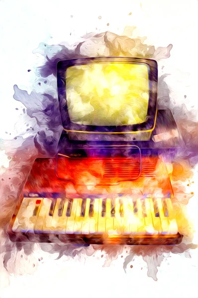 Old Computer Art Illustration Retro Vintage Machine Paint Sketch — Stock Photo, Image