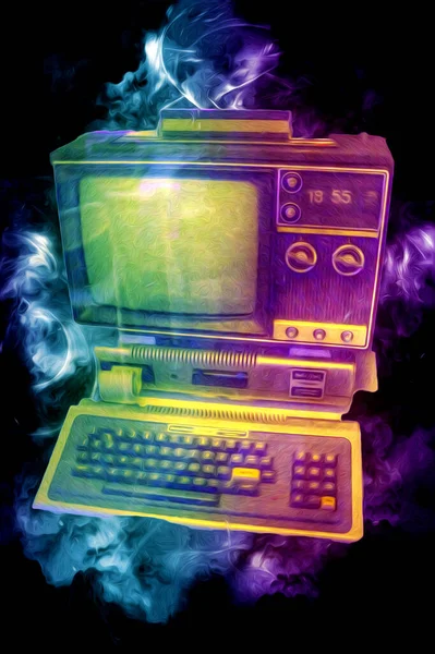 Oude Computer Illustratie Retro Vintage Machine Verf Schets — Stockfoto