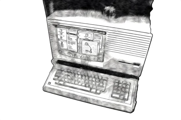 Old computer art illustration, retro vintage machine, paint, sketch