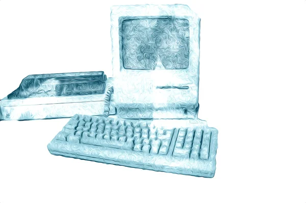 Oude Computer Illustratie Retro Vintage Machine Verf Schets — Stockfoto