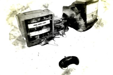 Eski bilgisayar sanatı illüstrasyonu, retro vintage makine, boya, çizim