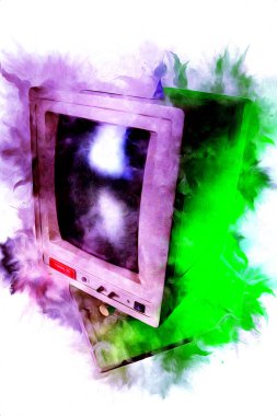 Eski bilgisayar sanatı illüstrasyonu, retro vintage makine, boya, çizim